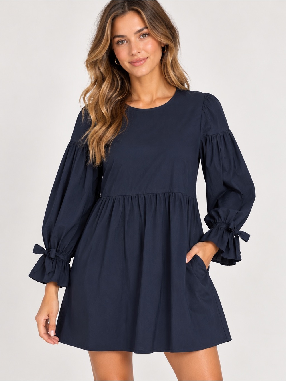 WAYF Women’s L Jeane Bell Sleeve Poplin Dress Navy Tie Cuff missing belt Classic